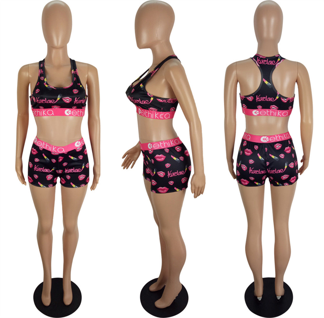 Women's Spring/Summer Slim Style Printed Sports Two-Piece Shorts Set 12