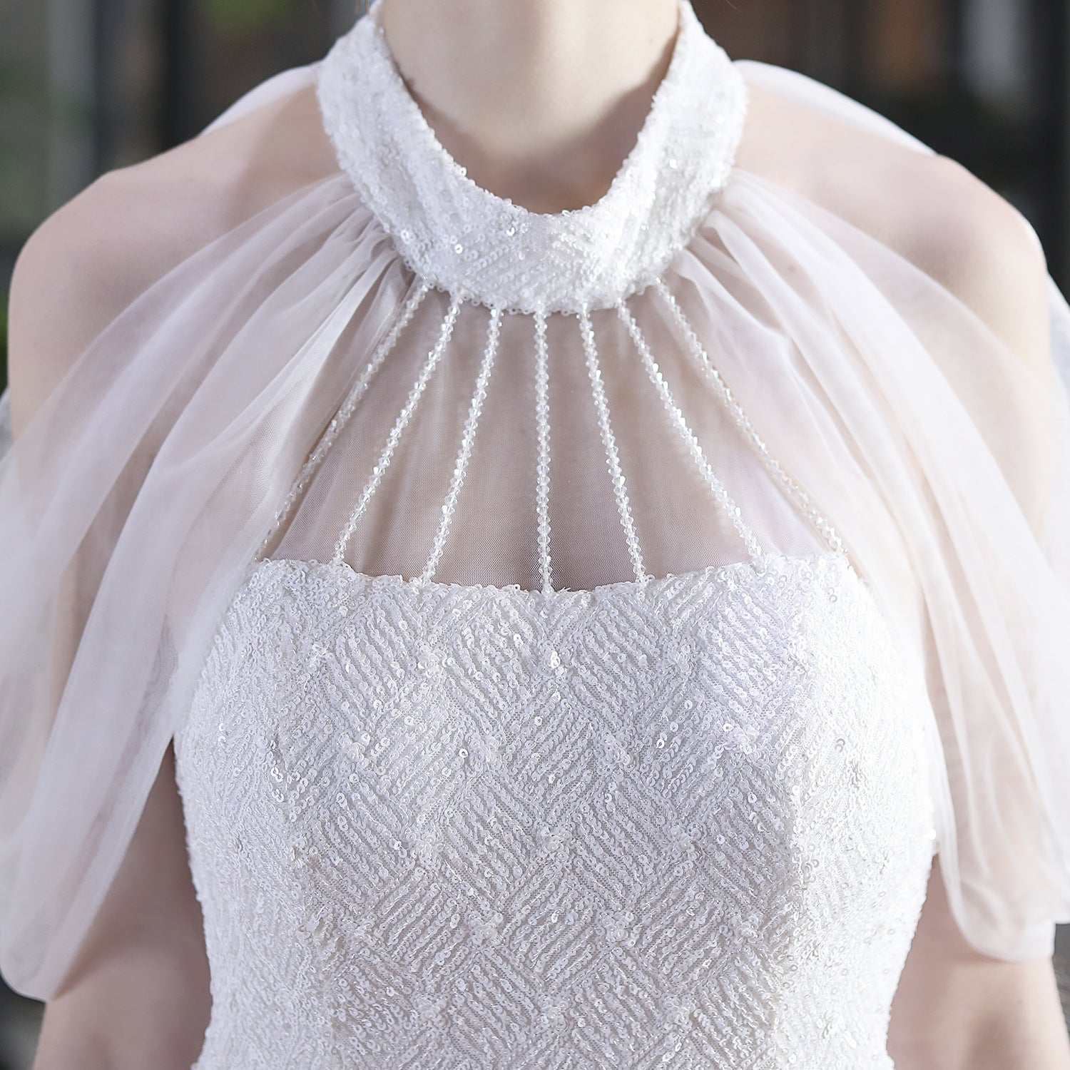 Sequin Mesh Halter-Neck Fishtail Bride Long Wedding Dress 26