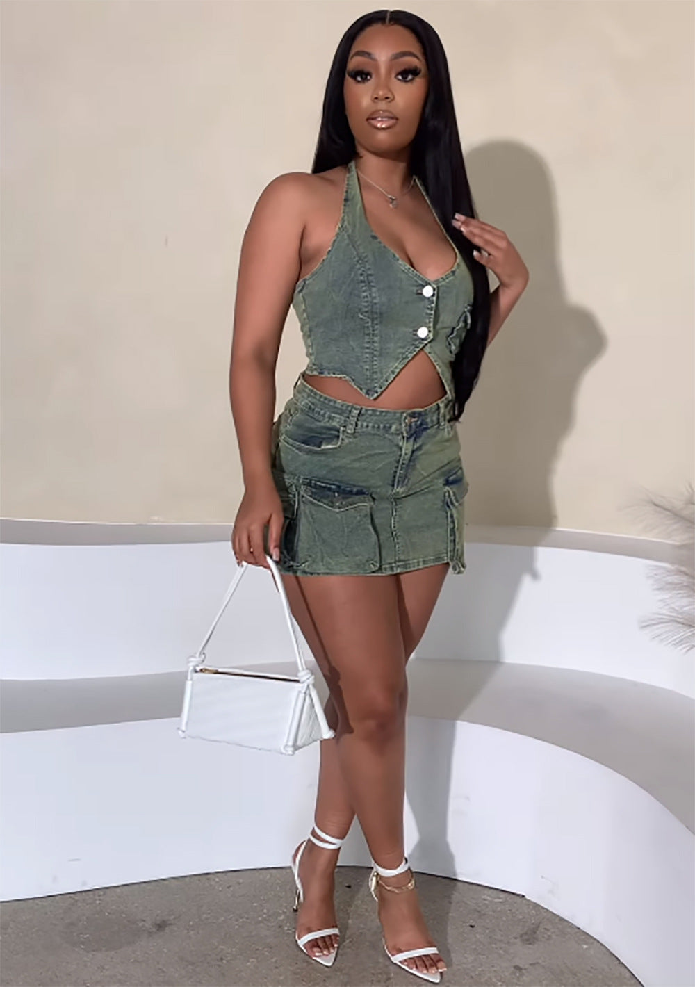 Women suspenders Top and pocket Denim Skirt two-piece set