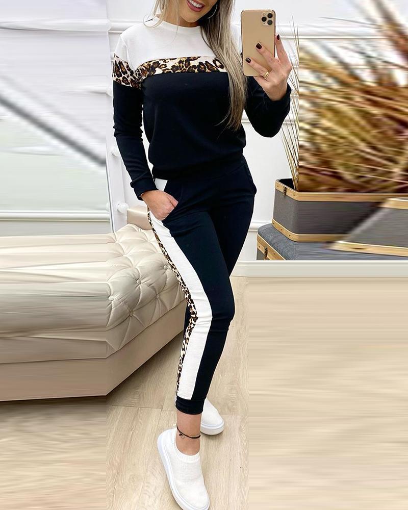 Women's Leopard Print Patchwork Casual Long-Sleeved Two Piece Pants Set 4