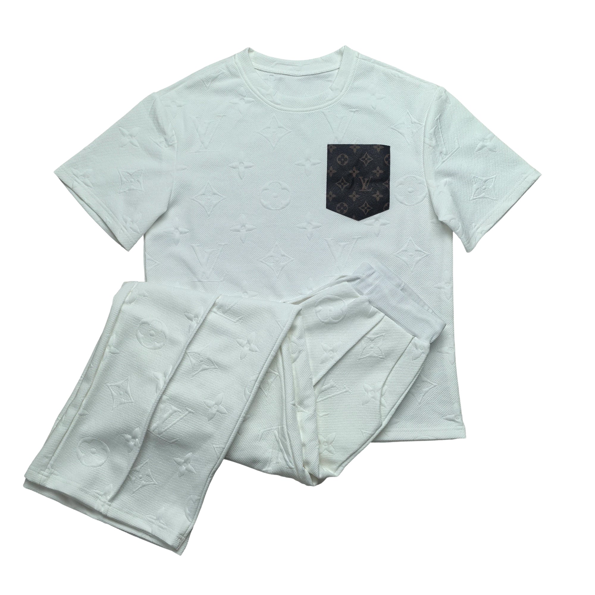 Women casual Pu-Leather pocket short-sleeved top and long pants jacquard two-piece set 22