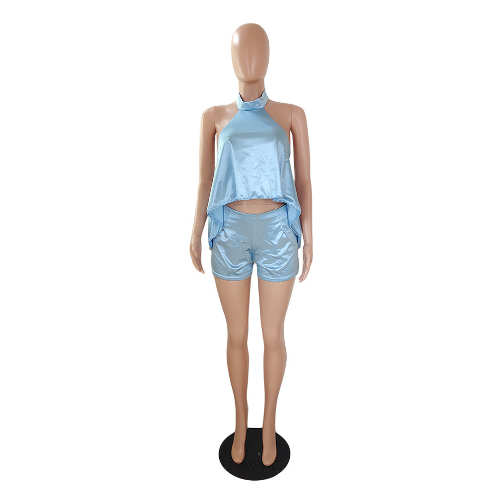 Women's Sexy Halter Neck Silky Low Back Two Piece Set 14