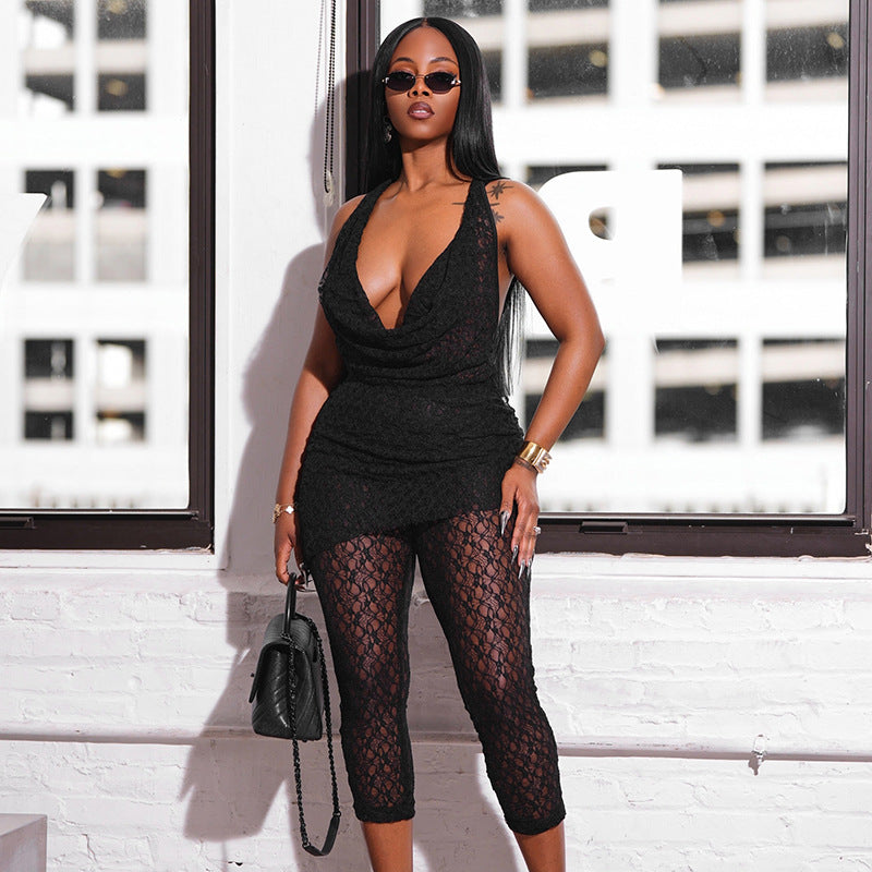 Women's spring and summer lace hood Halter Neck deep pile collar  Low Back Patchwork Dress and pants set 15