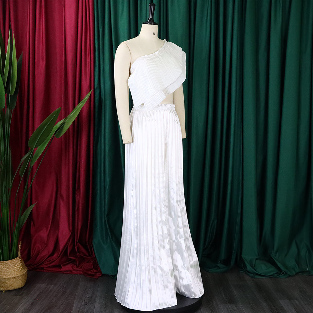 Women's Slash Shoulder Low Back Ruffled Sexy Top Pleated Wide Leg Pant Two-Piece Set 14