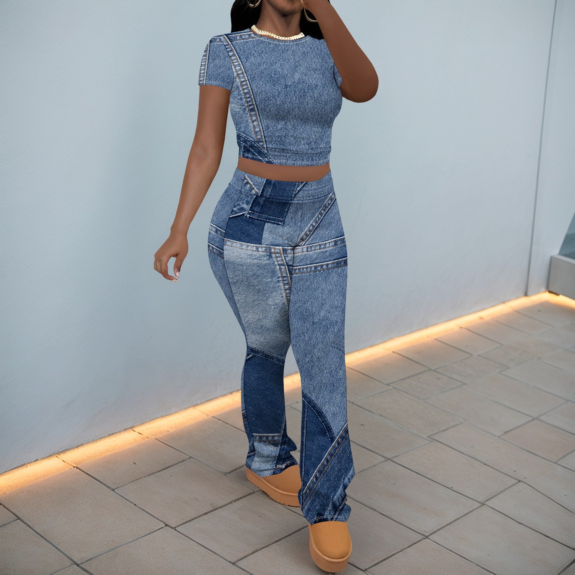 Women Casual Printed Short-Sleeved Top and Pants Two-Piece Set 3