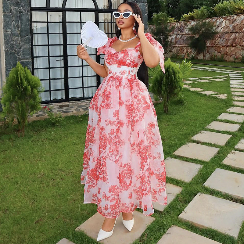 Women Summer Suspender Printed Lace-up Dress