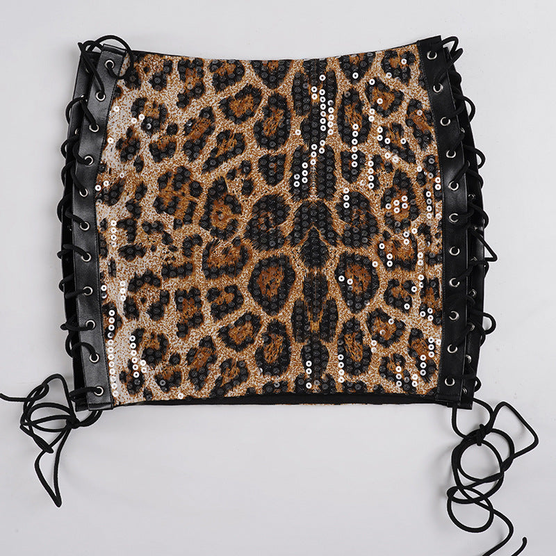 Sexy Side Lace-Up Leopard Print Bodycon Short Skirt with Sequins 12