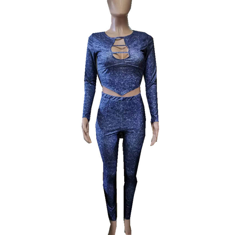 Women's Stretch Ribbed Tight Fitting Sexy Long Sleeve Two-Piece Pants Set 12