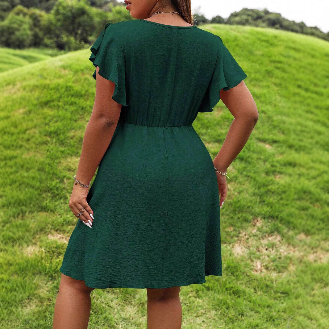 Plus Size Women's Summer V-neck Solid color Casual Dress 4