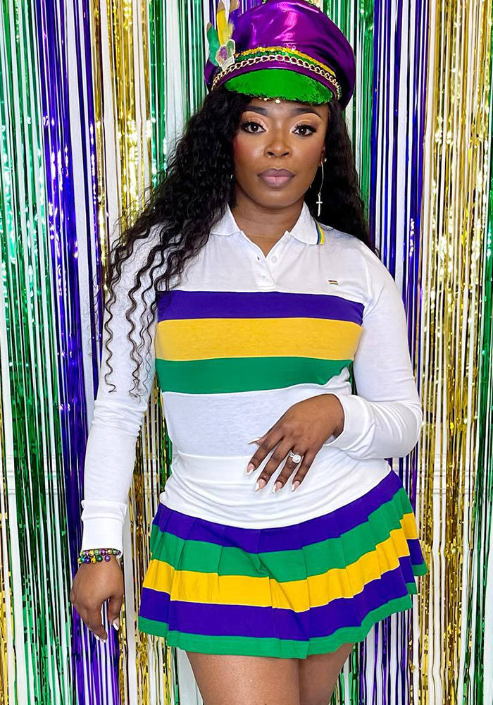 Women Casual Sports Stripe Print Top and Pleated Skirt Two-Piece Set