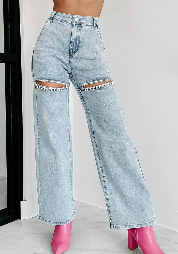 Summer Fashion Women's High Waist Chain  Ripped Straight Denim Pants