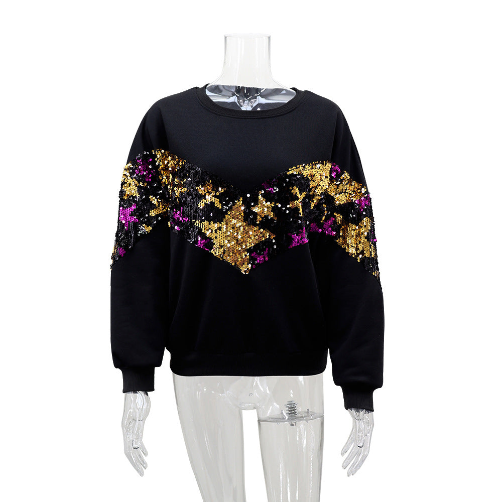 Women Casual Star Sequins Decorated Round Neck long sleeve top 8