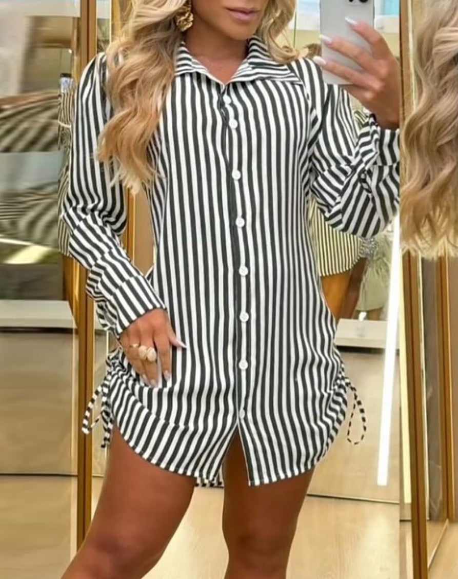 Women Sexy Drawstring Shirt Dress 10