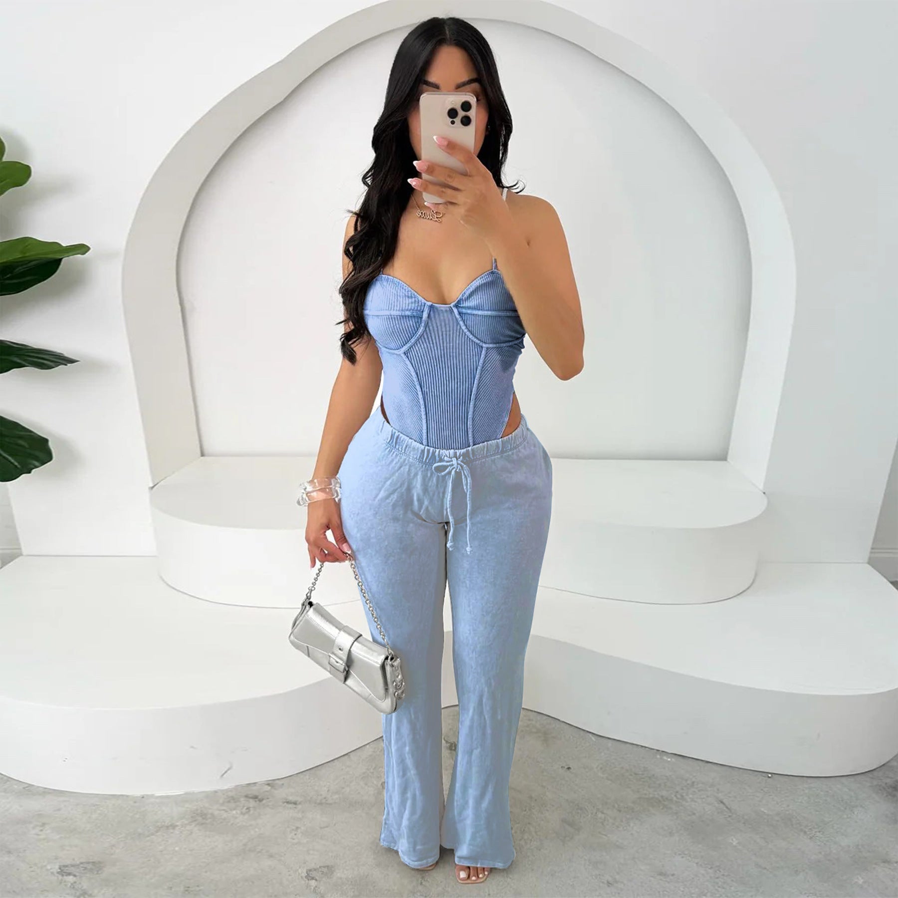 Women Sexy Cotton Washed Strapless Top and Pant Two-Piece Set 41