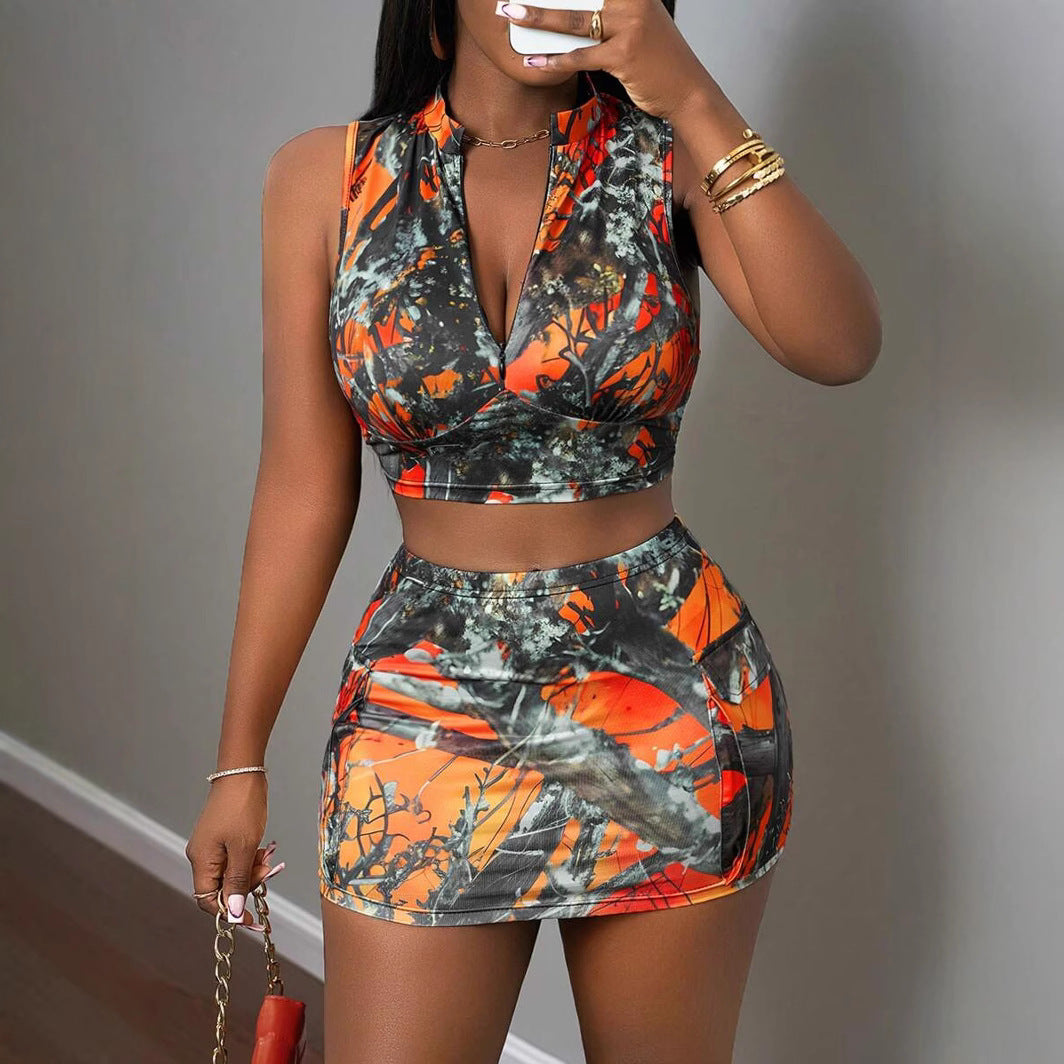 Women Branch Print Top and Skirt Two-piece Set 4