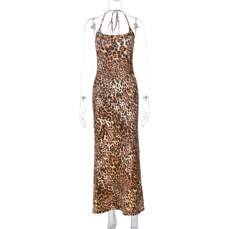 Women's Summer Fashion Print Sexy Low Back Strappy Leopard Dress 4