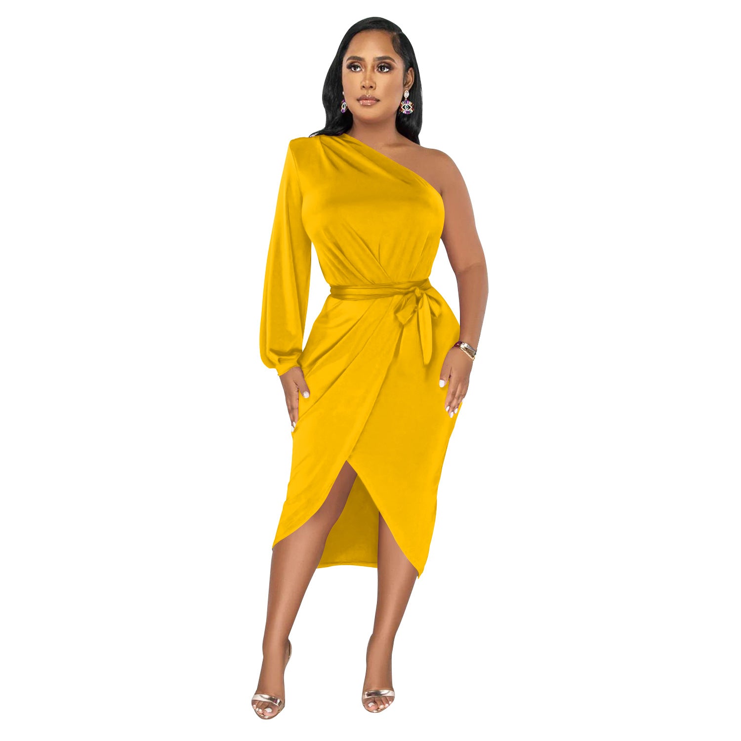 Women's Fashion Solid Color Single Long Sleeve Slash Shoulder Maxi Dress 16