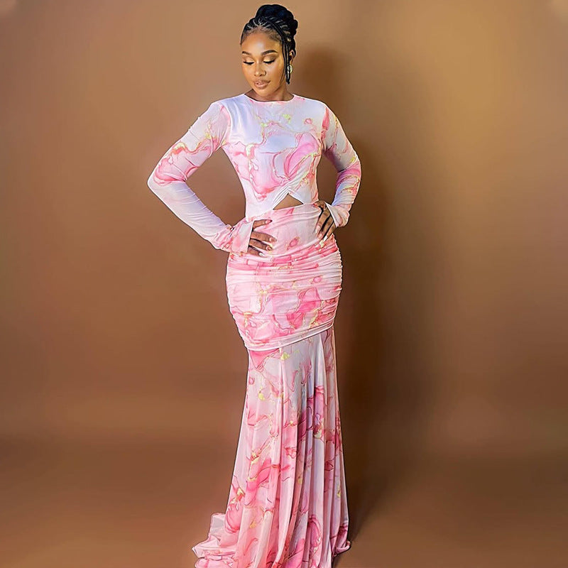 Sweet Printed Long Sleeve Patchwork Long Dress 4