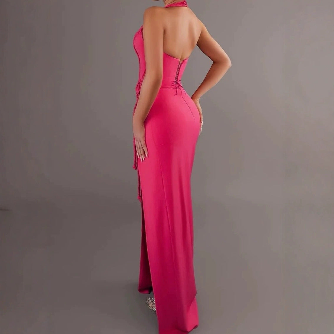 Women Sexy Line Hollow Gathered Lace Slit Dress