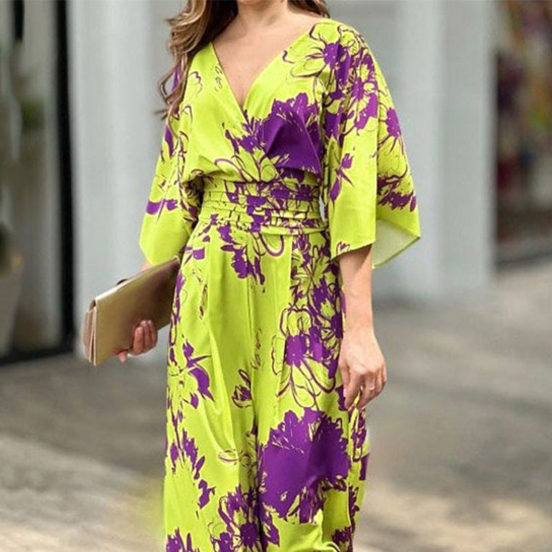 Summer Women's Fashionable And Elegant Print Bat Sleeves Slim Waist V-Neck Jumpsuit 4