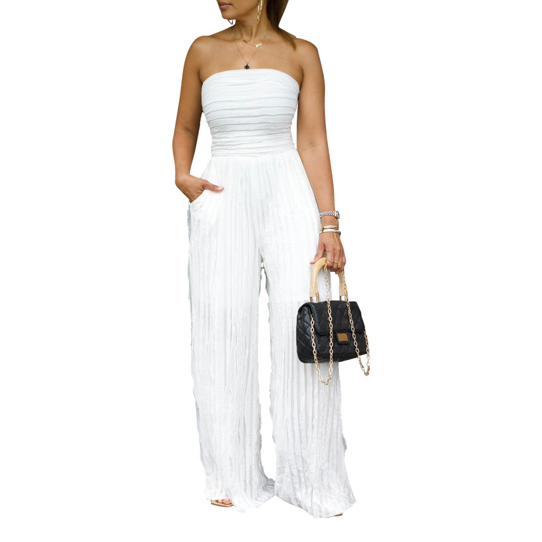 Women Casual Holidays Sexy Strapless Sleeveless Wide-leg Jumpsuit 10