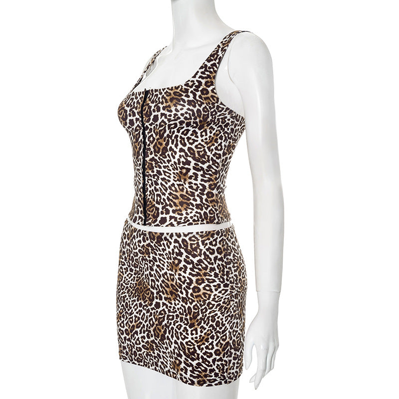 Women Leopard Print Sleeveless Hook-and-loop Vest Top And Skirt Two-piece Set 7