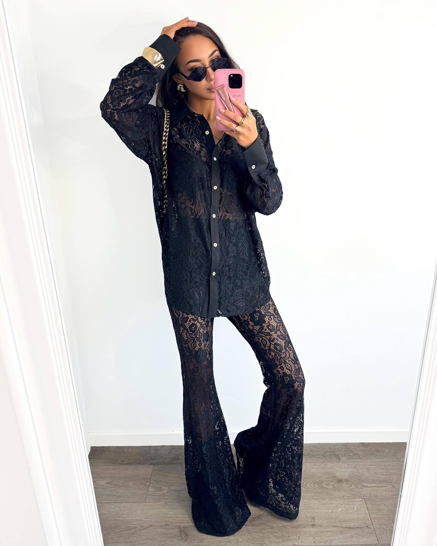 Women Hollow White Cardigan Lace Shirt and Wide-leg Pants Two-piece Set 4