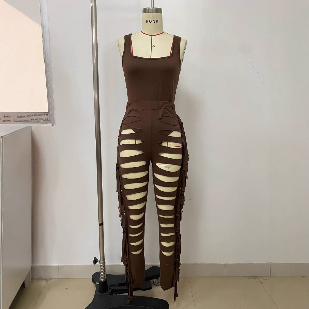 Fashion Sleeveless Bodysuit Cut Tassel and Tight Pants Set for Women 4