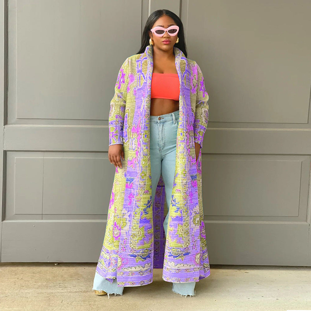 Pleated Printed Plus Size Long Jacket for Women 3