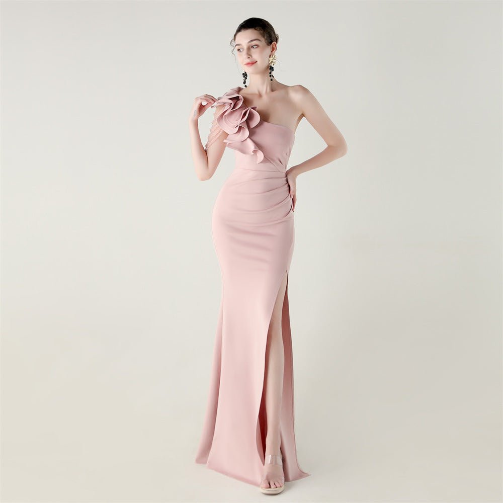 Women One-Shoulder Beaded Wool and Floral Satin Slit Sexy Evening Dress 8