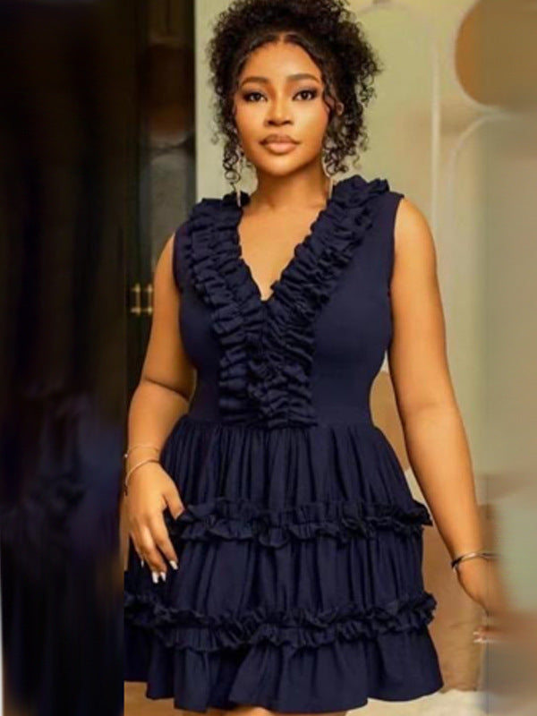 Summer V-Neck Sleeveless Ruffle Casual Short Dress