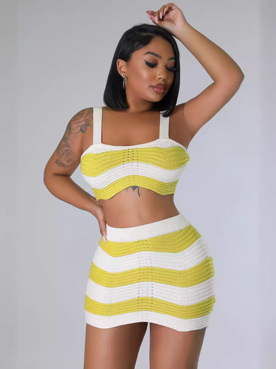 Summer Fashionable Contrasting Stripes Sexy Knitting High Waist Two Piece Skirt Set 5