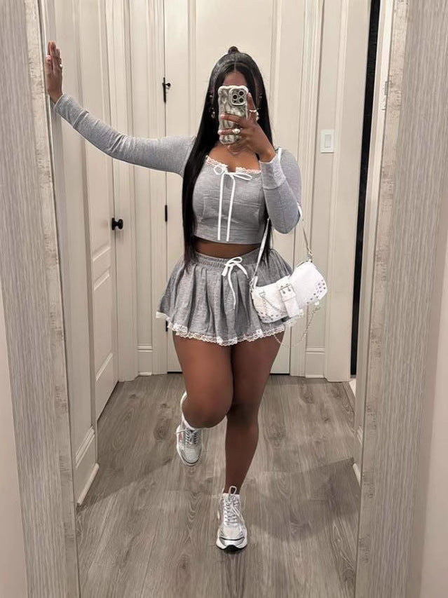 Hood Patchwork Gray Short T-Shirt A-Line Skirt Women's Autumn Two Piece Set 4