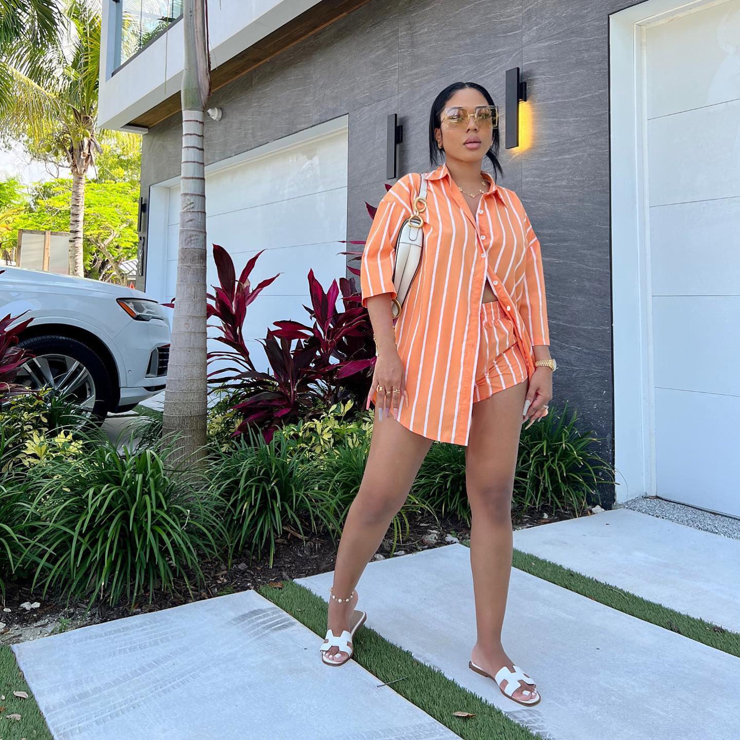 Women Casual Fashion Stripe Print Pocket Shirt and Shorts Two-Piece Set 3