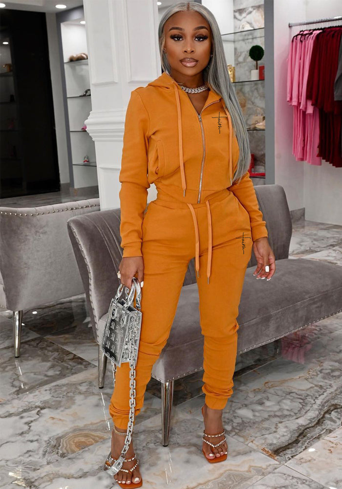 Women Casual Zip Print Long Sleeve Top and Pant Two Piece