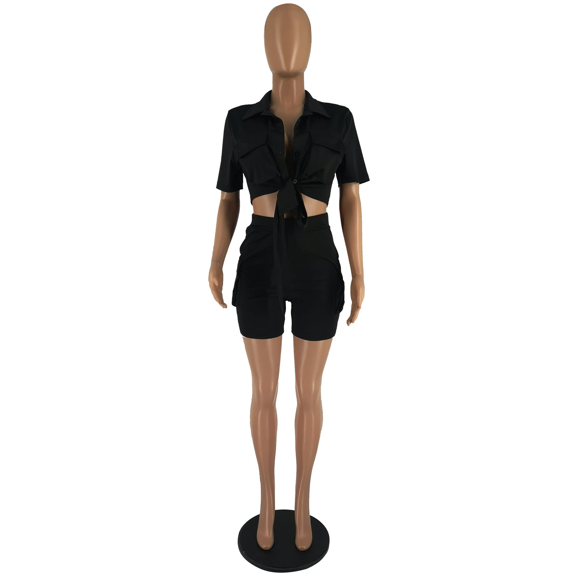 Women'S Solid Color Short Sleeve Shirt Shorts Two-Piece Set 18