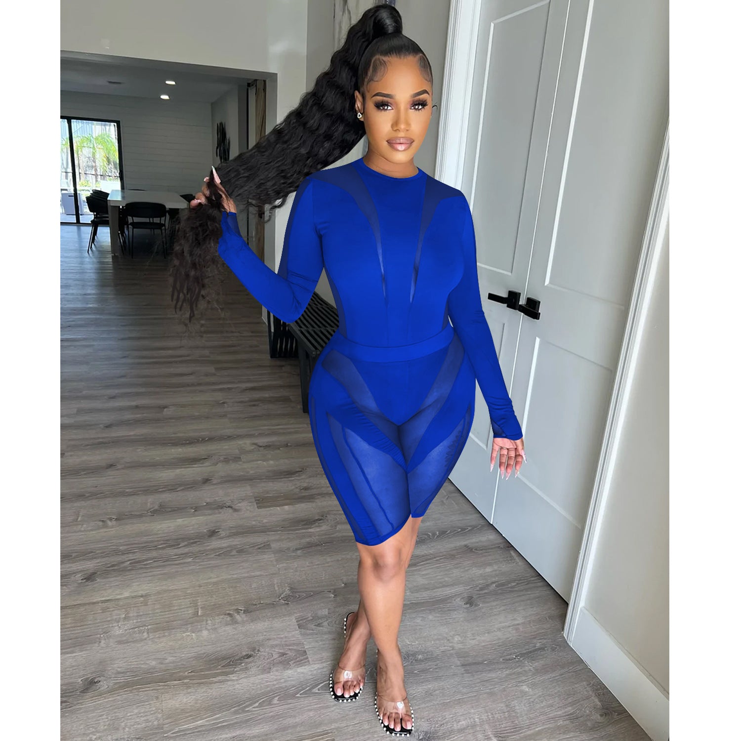 Women's Fashion Mesh See-Through Round Neck Shorts Long Sleeve Two Piece 7