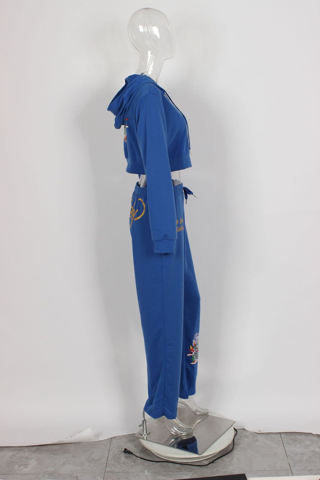 Fashionable street printed zipper short hoodies high waist straight trousers two piece set 25