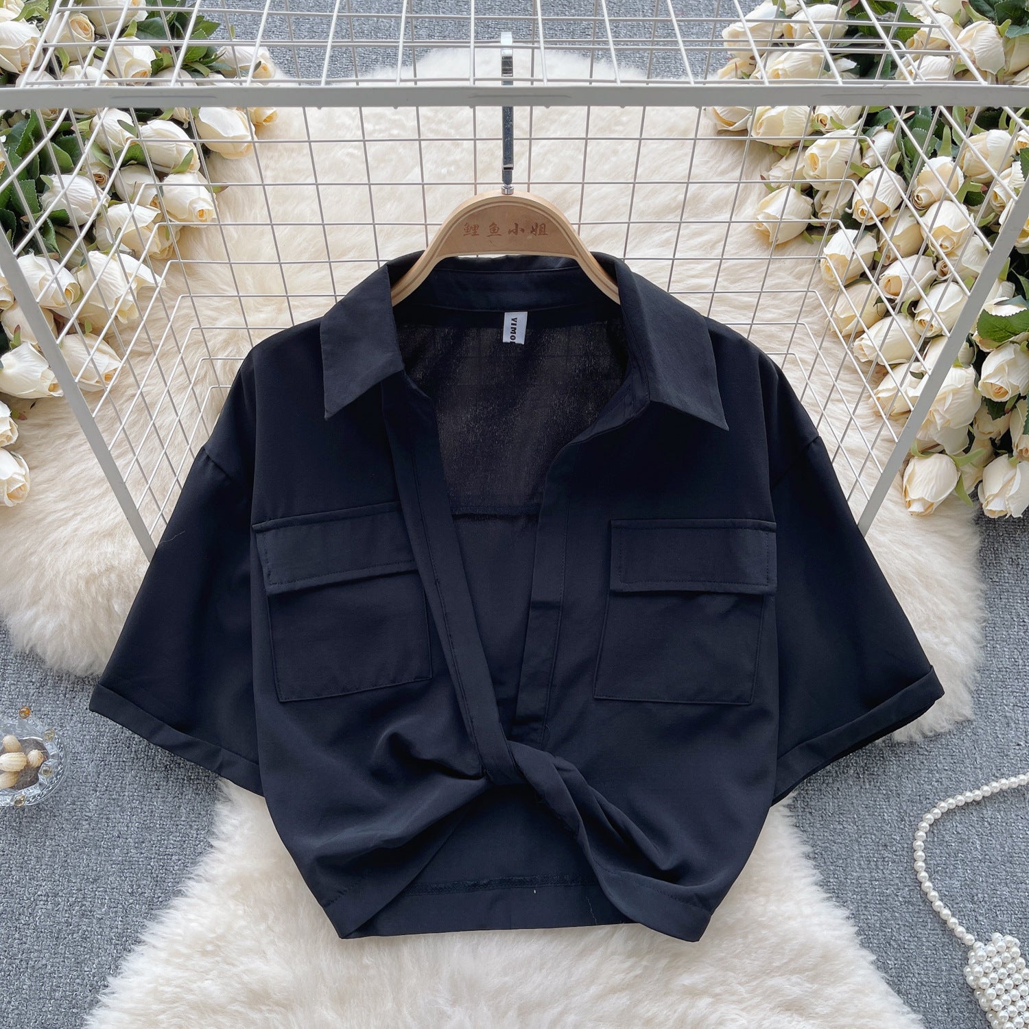 Women Turndown Collar v-neck Knot short-sleeved Crop Top 15