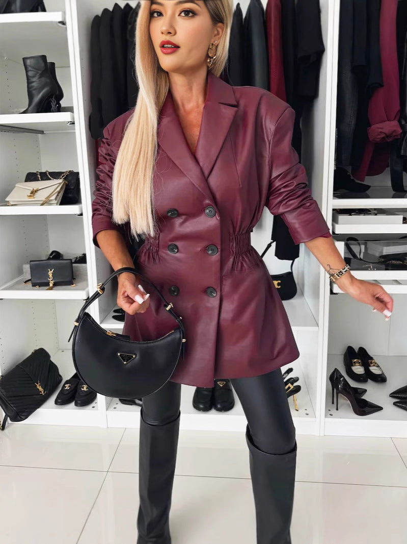 Autumn And Winter Long Sleeve Faux Leather Career Women Office Jacket 6