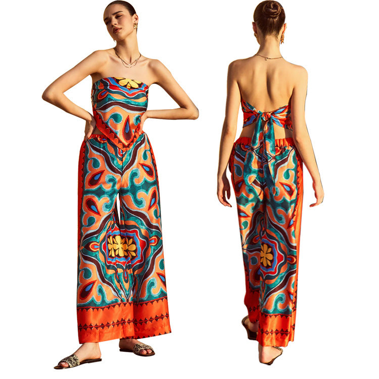 Women's Printed Strapless Wide Leg Pant Two-Piece Set 5