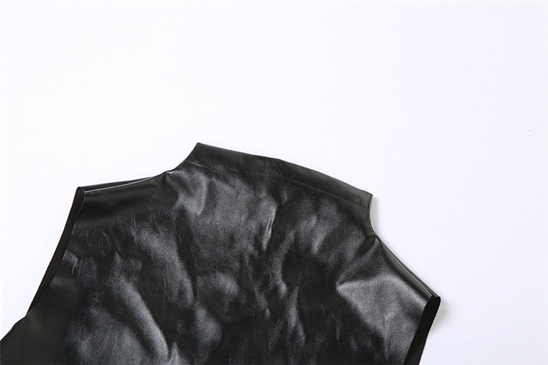 Women Summer Black Pu-Leather Stand Collar Sleeveless Pleated Irregular Top and Bodycon Skirt Two-Piece Set 11