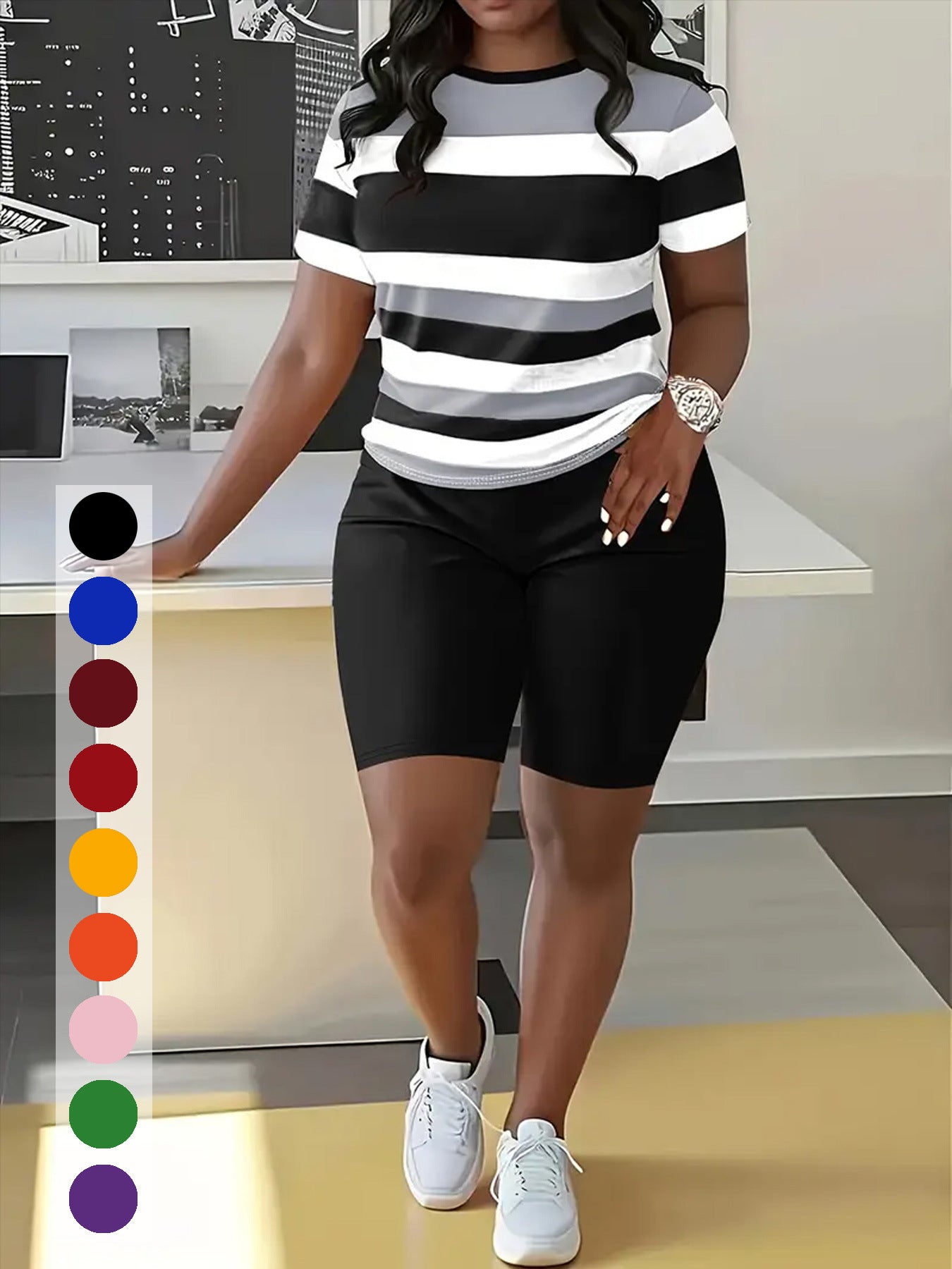 Women's Striped Print Short-Sleeve Sporty Two-Piece Shorts Set