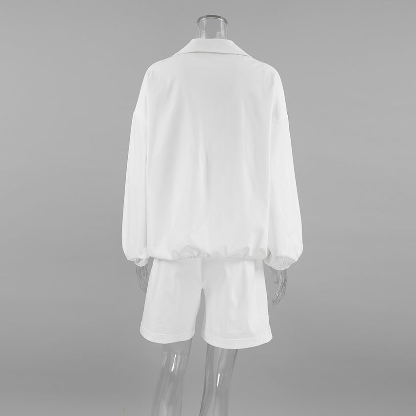 Women Spring and Summer Turndown Clar Lantern Sleeve Top and Shorts Two-piece Set 9