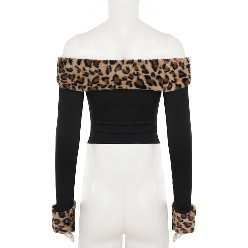 Women Fall/Winter Fuzzy Leopard Print Off-The-Shoulder Long-Sleeved Patchwork Casual Pants Two-Piece Set 21