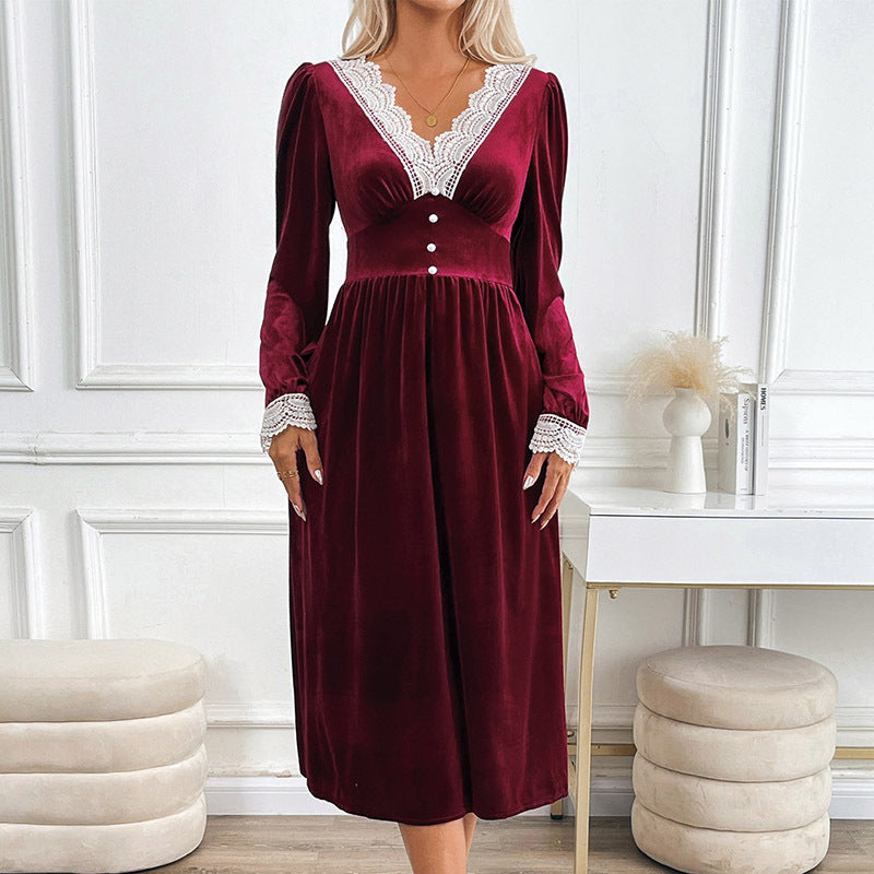 Women's Autumn Winter Contrasting Color Lace Velvet Patchwork Elegant Casual Dress 4