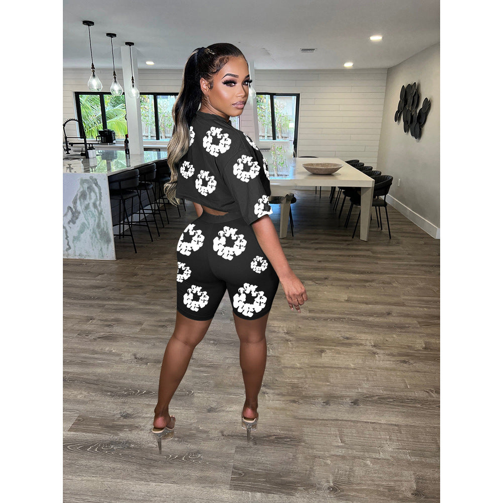 Women Summer Round Neck Short Sleeve Top and Shorts Printed Two-piece Set 9