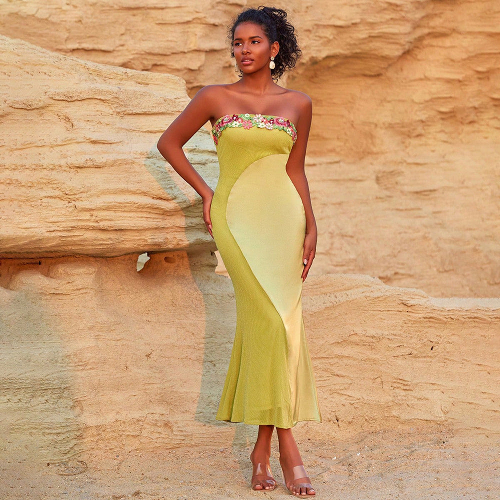 Women Trendy Flower Patchwork French Holidays Strapless Dress 6