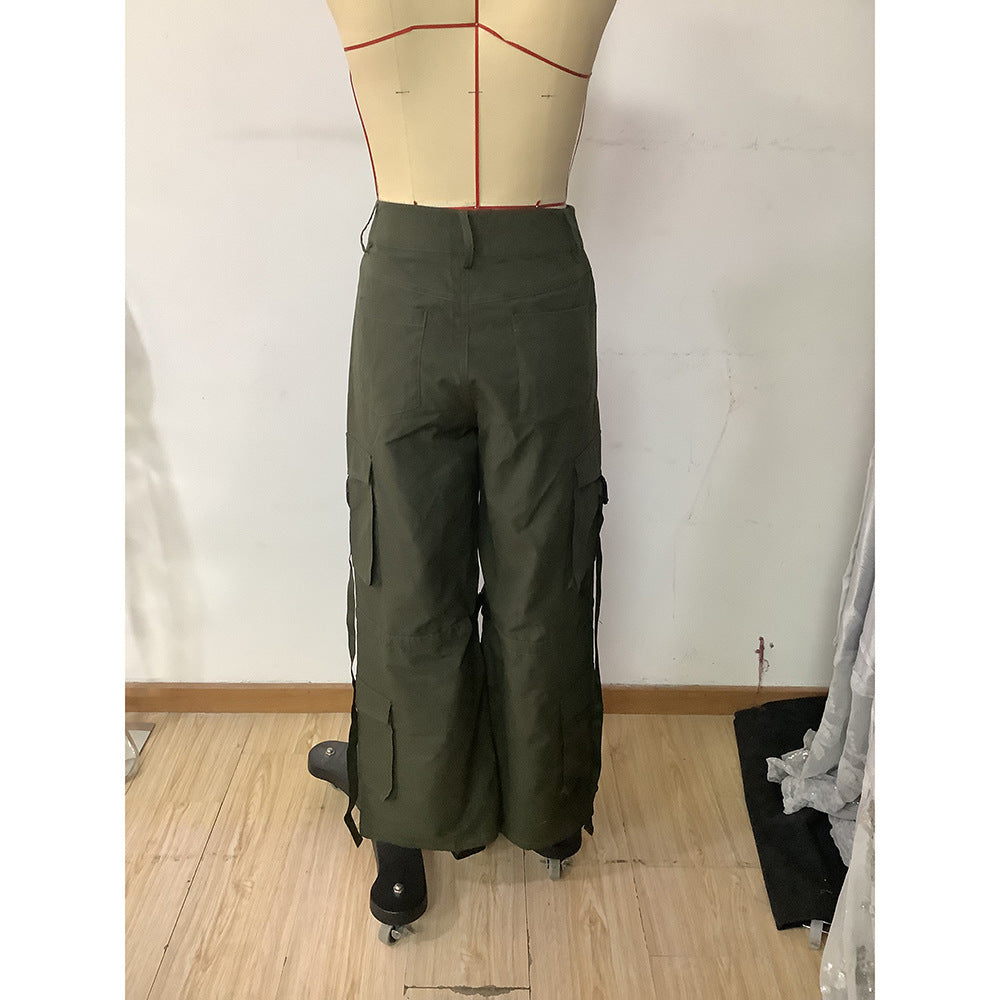 American Retro Cargo Pants Women's Pocket High Waist Straight Wide Leg Ribbon Loose Casual Trousers 7