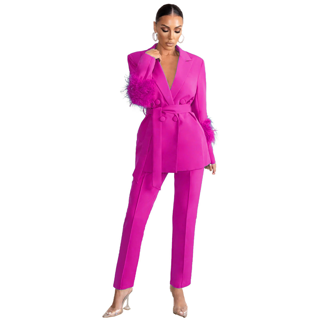Fuzzy Fashion Casual Long Sleeve Two-Piece Blazer and Pants Set 11